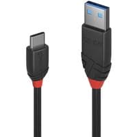Black Lindy 0.5m USB 3.2 cable with Type A and Type C connectors, featuring red accents and 10Gbps speed capability.