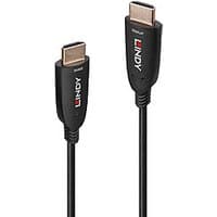 Black Lindy 15m Fibre Optic Hybrid HDMI cable with gold-plated connectors and Lindy logo on the plugs.