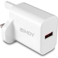White Lindy 18W USB Type A charger with UK plug and single red USB port.