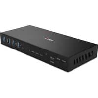Black Lindy KVM switch with dual HDMI ports, USB 3.0 slots, and LED indicators on a sleek rectangular design.
