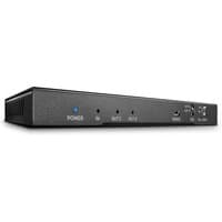 Black Lindy 2 Port HDMI 18G Splitter with LED indicators, audio ports, and downscaling features on a sleek rectangular body.