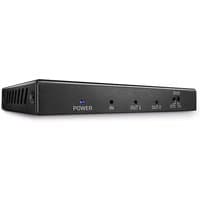 Black Lindy 2 Port HDMI 2.0 18G Splitter with LED indicators and labeled input-output ports.