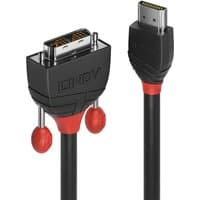 Black Lindy 2m HDMI to DVI cable with red accents, featuring HDMI and DVI connectors.