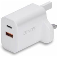 White Lindy 30W USB charger with UK plug, featuring USB Type A and C ports on the side.