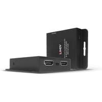 Black Lindy 70m Cat.6 HDMI 4K30 extender with PoC, two HDMI ports, and IR extender, compact rectangular design.