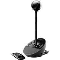 Black Logitech BCC950 ConferenceCam with round camera atop a tall stem and a remote control.