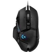 Black Logitech G502 HERO gaming mouse with adjustable weights, customizable buttons, and blue LED logo.