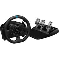 Black Logitech G923 racing wheel with blue stripe and pedal set for PS5, PS4, and PC gaming.