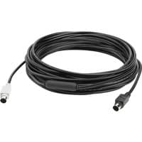 Black Logitech GROUP 10m extended cable with white and black connectors, coiled with a central plastic casing.