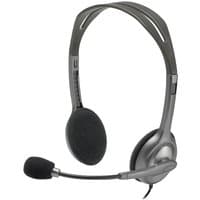 Logitech H110 stereo headset with adjustable headband, black foam ear pads, and flexible boom microphone.