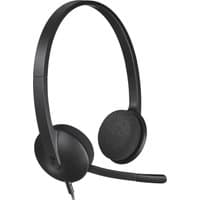 Black Logitech H340 USB headset with adjustable headband, foam ear pads, and noise-canceling microphone.