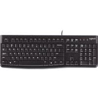 Black Logitech K120 wired keyboard with full-size layout and numeric keypad.