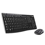 Black Logitech wireless keyboard with 8 shortcut keys and compact mouse, QWERTY UK layout.