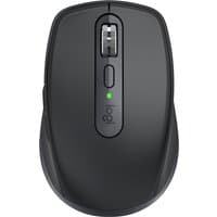 Black Logitech MX Anywhere 3S wireless mouse with scroll wheel, side buttons, and green LED indicator.