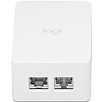 White Logitech PoE Injector with two Ethernet ports and logo on top.