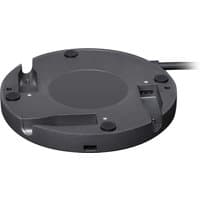 Black circular Logitech Rally Mic Pod Hub with multiple ports and cable connection.