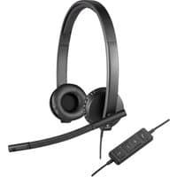 Black Logitech USB headset H570e Stereo with padded ear cups, adjustable headband, and inline control panel.