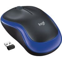 Black and blue Logitech Wireless Mouse M185 with USB receiver, compact design, and contoured shape.