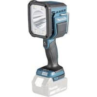 Black and blue Makita flashlight with square head, ergonomic grip, and silver reflector.