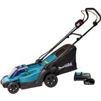 Makita push lawn mower in black/blue with battery, ergonomic handle, and grass catcher bag.