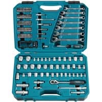 Makita mechanics tool set with 120 pieces, including sockets, wrenches, and ratchet in a teal carrying case.