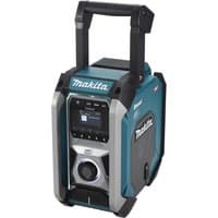 Black and green Makita worksite radio with digital display, sturdy handle, and rugged protective casing.