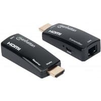 Black Manhattan HDMI extender kit with slim design, includes transmitter and receiver, HDMI ports, and Ethernet input.