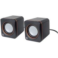 Black Manhattan 2600 Series stereo speakers, compact cube design, USB powered, with orange trim and in-line volume control.