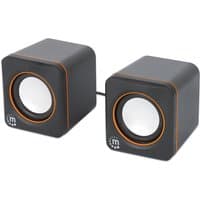 Black and orange Manhattan 2600 Series speakers, cube-shaped with integrated volume control, USB connection.