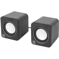 Black and silver Manhattan 2600 Series speakers, cube-shaped, with USB connection and rotary volume control.