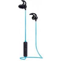 Black Manhattan Bluetooth in-ear headset with blue cable, ear hooks, integrated controls, and omnidirectional mic.