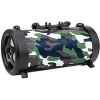 Camouflage cylindrical Bluetooth speaker with black accents, handle, and control panel on top.