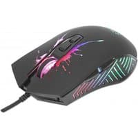 Black Manhattan gaming mouse with LED lighting, seven buttons, scroll wheel, wired, 7200dpi, colorful accents.