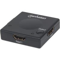 Black Manhattan HDMI switch, 2-port, square design, labeled inputs, select button, no external power needed.