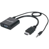 Black Manhattan HDMI to VGA converter cable, 30cm, with audio jack, micro-USB power port, and VGA female connector.
