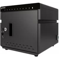 Black Manhattan 10-bay charging cabinet for iPads, USB-C ports, lockable door, vented front panel, compact desktop design.