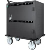Black Manhattan charging cart with lockable door, ventilation slots, and four caster wheels for tablets and laptops.