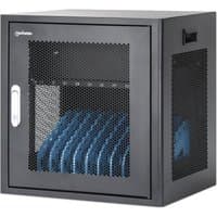 Black Manhattan 10-bay laptop charging cabinet with mesh door, lockable handle, and side ventilation panel.