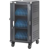 Black Manhattan laptop charging cart with 30 bays, lockable door, mesh front, and wheels for mobility.