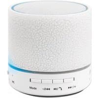 White cylindrical Manhattan LED Bluetooth speaker with textured surface, multicolored lights, and control buttons at the base.
