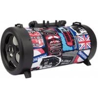 Colorful cylindrical Bluetooth speaker with London-themed graphics, black ends, and handle on top.