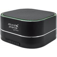 Black Manhattan Bluetooth speaker with metallic finish, square design, integrated controls, and microSD slot.