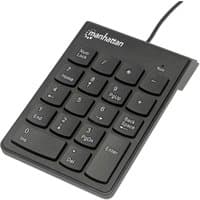 Black Manhattan wired numeric keypad with 18 full-size keys, USB-A connection, and membrane key switches.