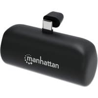Black Manhattan power bank with integrated USB-C plug, 5000 mAh, kickstand feature, and white logo on the front.