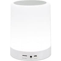 White cylindrical Bluetooth speaker with top grille, microSD slot, Aux port, USB-A charging port, and built-in hanger.