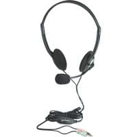 Black Manhattan on-ear headset with microphone boom, foam earpads, in-line volume control, and dual 3.5mm jacks.