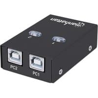 Black Manhattan USB-A sharing switch with 2 USB-B ports, labeled PC1 and PC2, includes 1.5m USB-A to USB-B cable.