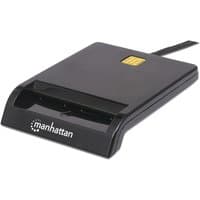 Black Manhattan USB-A smart card reader with friction type slot, 105cm cable, and logo on the front.