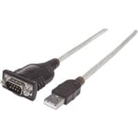 Black and silver Manhattan USB-A to Serial Converter cable, 1.8m, with Prolific PL-2303RA Chip, DB9 connectors.