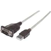 Black/Silver Manhattan USB-A to Serial Converter cable, 45cm, Male to Male, with Prolific PL-2303RA Chip, DB9 connector.